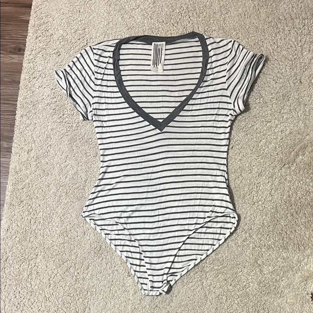 Free People Gray and White Striped Bodysuit